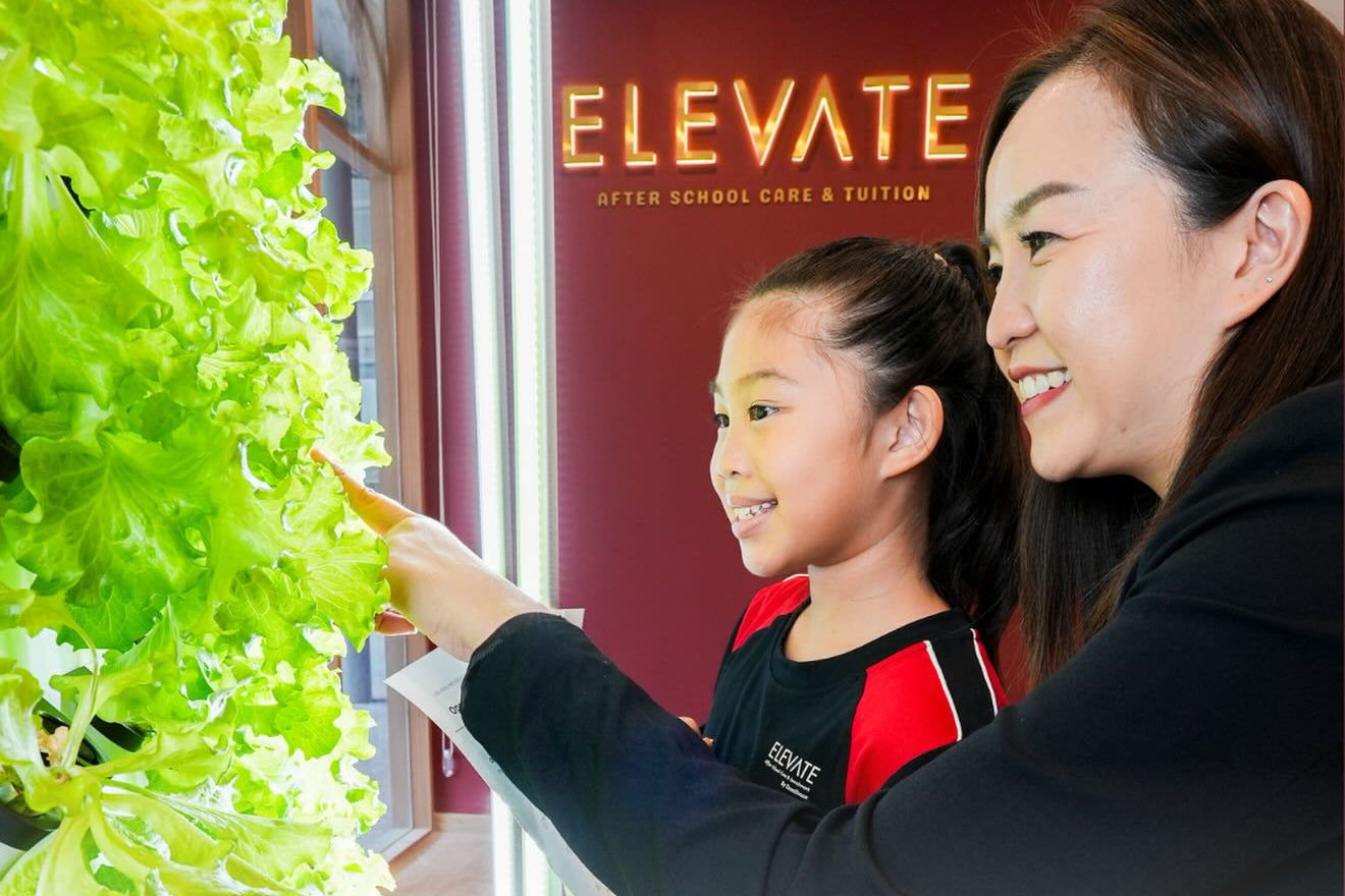 teacher and child interacting with Agrihome Farmwall (an indoor vertical garden) at an after-school care and tuition centre system.