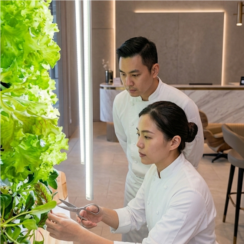 Two chefs in a hotel restaurant are harvesting red sorrel and lettuce from their Agrihome farmwall; indoor vertical farm