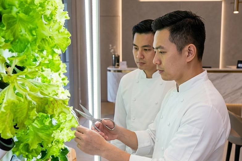 Two chefs harvesting fresh salad greens from Agrihome farmwall (an indoor vertical garden) in a hotel restaurant and bar setting.