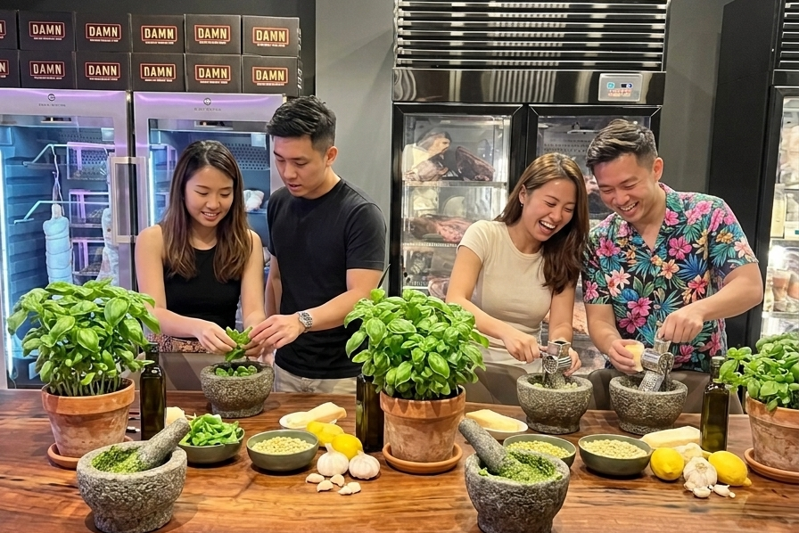 pesto making workshop as a team bonding corporate workshop activity.